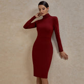 High Neck Long Sleeve Plain Over Knee Bandage Dress